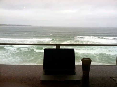 One favorite writing spot: any room with a view of Monterey Bay. 