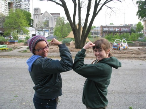Joya and Kelley show off the biceps of veteran gardeners.