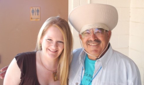 Rev. Harrington and parishioner have laugh between Monday morning homeless breakfast and beginning of Immigrant Trail walk.