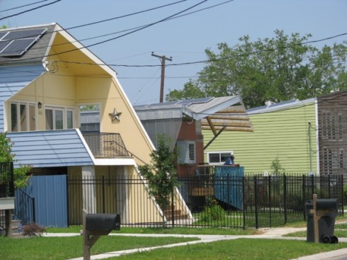 The homes built by Pitt's foundation incorporate solar tiles, as well as other modern elements.