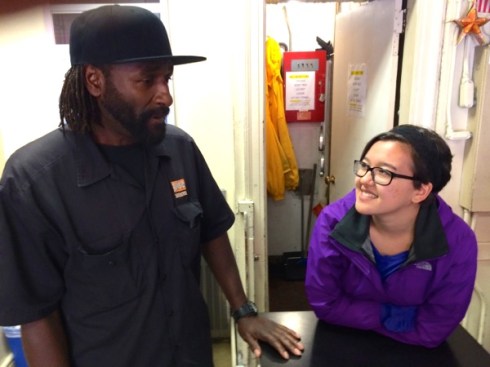Marisa has laugh at the lobby counter.